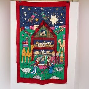 Vintage Irish Linen Nativity Scene Tea Towel Wall Hanging Decor By Ulster